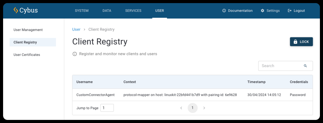 Client Registry view with a client listed.